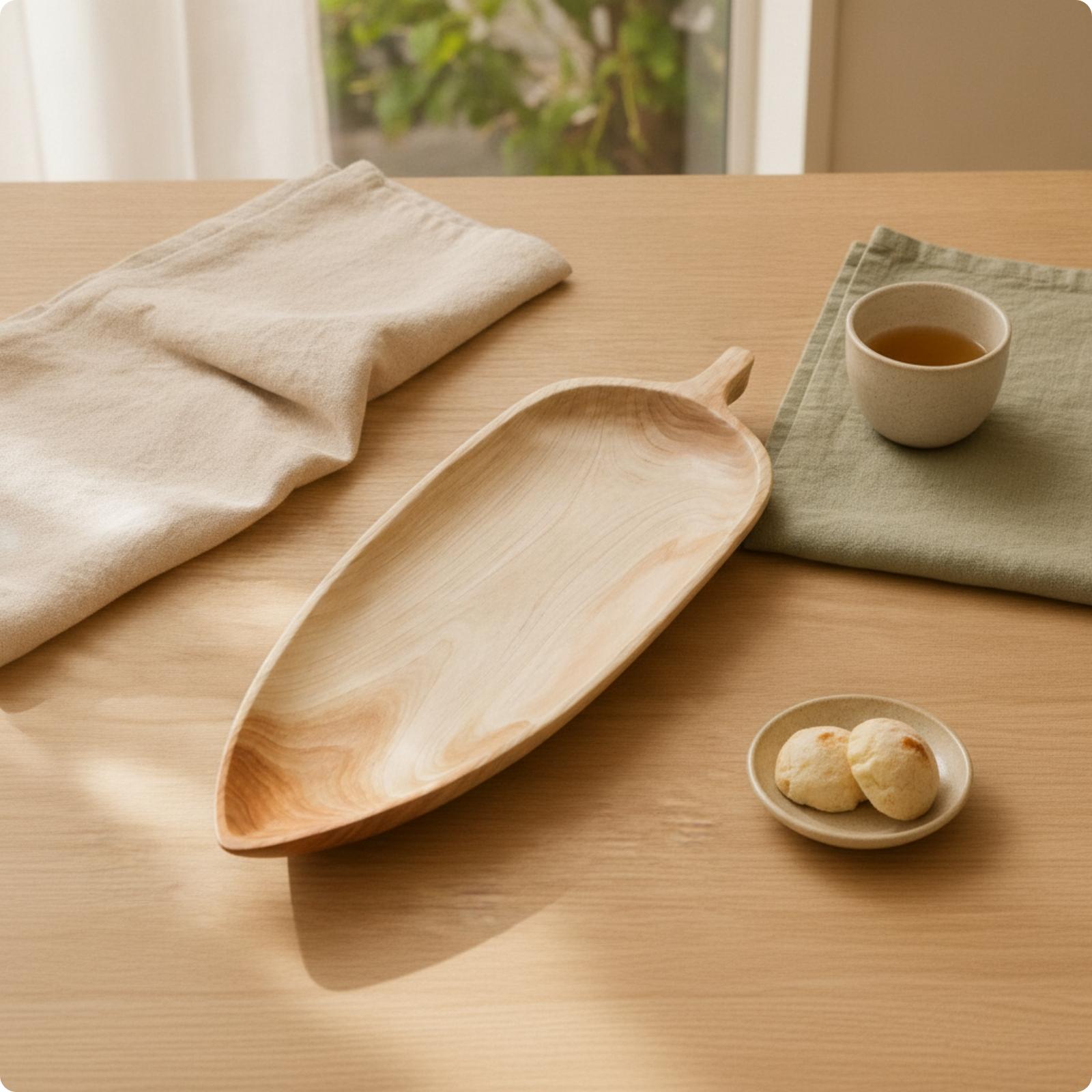 Food Platter Snacks - Elegantes Serviertablett aus Buchenholz mit Blattdesign,